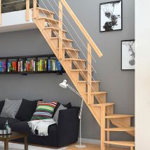 DOLLE Raumspartreppe Wangentreppe Lyon, 65 cm, 1/4 gewendelt,Buche,Edelstahlrohre links,unbehandelt