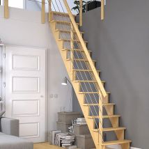 DOLLE Raumspartreppe Wangentreppe Lyon, 65 cm, Edelstahlrohre links,Geradelaufend,Kiefer,unbehandelt