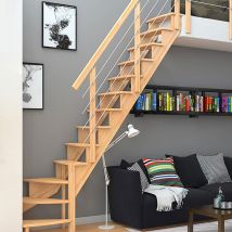 DOLLE Raumspartreppe Wangentreppe Lyon, 65 cm, 1/4 gewendelt,Buche,Edelstahlrohre rechts,unbehandelt