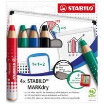 Whiteboard- und Flipchartmarker - STABILO MARKdry - 4er Pack mit Spitzer und Abwischtuch - in vier verschiedenen Farben