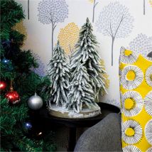 Snow Topped Mini Christmas Tree Display on Wooden Stand Decoration