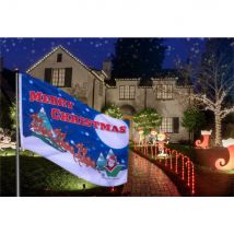Merry Christmas Flag Santa Reindeer and Sleigh Design with 2 Metal Grommets, Blue