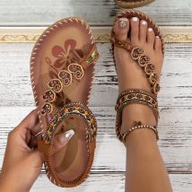 Offre transfrontalière de chaussures pour femmes de style ethnique bohème, sandales plates de plage à la mode pour l'été, tongs à perles et diamants