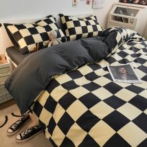 chessboard Four Piece Set Washed Brushed Sheets Quilt Cover Bed Sheet Bedding Contrast Color Dormitory Set