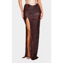 Jupe longue très fendue chocolat foncé à sequins et taille basse, Chocolat Foncé
