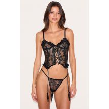 Ensemble en dentelle florale noir à corset lacé, string et porte-jarretelles, Noir