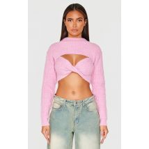 Pull côtelé rose torsadé et découpé à l'avant, Rose