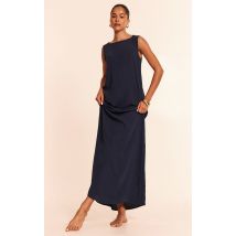 Robe de plage longue fluide en effet lin tissé bleu marine à col bateau, Bleu Marine