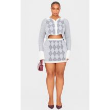 Plus Mini-jupe en maille tricot jacquard grise à losanges, Gris