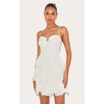 Robe droite en mousseline de soie avoine à volants et bonnets plissés, Amande