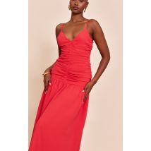 Robe longue en mousseline de soie rouge froncée à taille tombante, Rouge