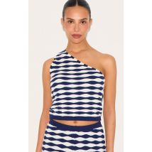 Petite Navy Knitted One Shoulder Striped Long Fitted Top, Navy