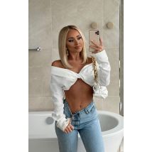 Blouse courte satinée blanche à col bardot torsadé devant, Blanc