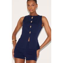 Gilet en maille compacte bleu marine à boutons, Bleu Marine