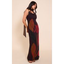 Black Floral Print Chiffon Scarf Maxi Dress, Black