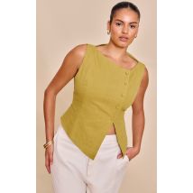 Plus Gilet en lin deluxe vert olive à boutons asymétriques, Vert Olive