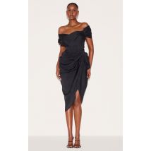 Robe mi-longue drapée noire à corset bardot, Noir