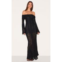 Robe longue en dentelle noire à col replié, Noir
