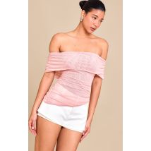 Top bustier en mesh rose dragée froncé à détail replié, Rose Dragée