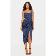 Robe mi-longue satinée bleu marine drapée à armatures, Bleu Marine