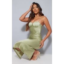 Femme Robe mi-longue satinée vert sauge à bonnets froncés et bretelles | Taille 36