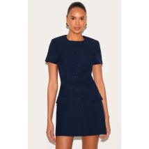 Mini robe de tailleur tissée bleu marine à manches courtes, Bleu Marine