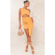 Robe moulante drapée orange effet lin asymétrique à découpe, Orange