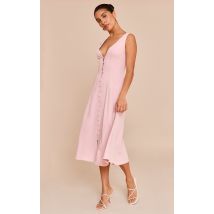 Petite Robe mi-longue rose pâle à décolleté et boutons, Rose Dragée
