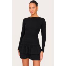 Robe droite en coton noir à manches longues et étages, Noir