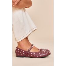 Ballerine En Cuir Avec Détails De Clous, Rouge Vin