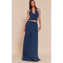 Jupe longue asymétrique bleu marine à pois, Bleu Marine