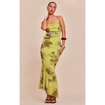 Robe longue en mesh fleuri vert à dos bénitier, Vert