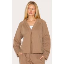 Cardigan en sweat deluxe taupe à épaules carrées, Taupe