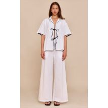 Pantalon droit en effet lin crème à bordures contrastantes, Crème