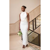Jupe longue en tulle deluxe blanc fleuri à volants, Blanc