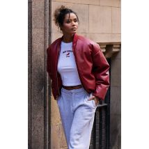 Veste bomber oversize en PU rouge cerise, Rouge cerise