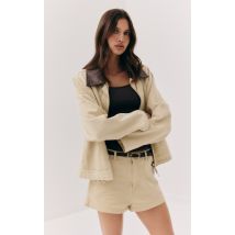Veste en jean beige à col replié marron, Beige