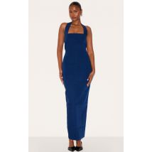 Robe longue tissée bleu marine à dos nu et boutons, Bleu Marine