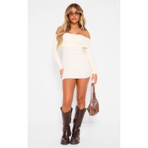 Cream Rib Foldover Bardot Bodycon Dress, Cream
