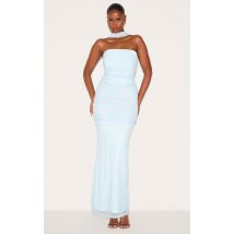 Robe longue bleue froncée à détail foulard, Bleu
