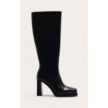 Bottes hautes carrées en PU noir à talon haut et petite plateforme, Noir