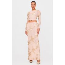 Jupe longue en jacquard champagne fleurie, Champagne