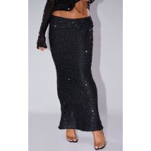 Jupe longue noire drapée à sequins et taille basse, Noir