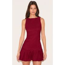 Burgundy Stretch Woven Frill Hem Shift Dress, Burgundy