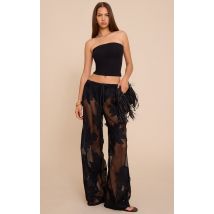 Pantalon large texturé noir à fleurs, Noir