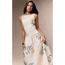 Robe mi-longue jaune fleurie à taille tombante, Jaune