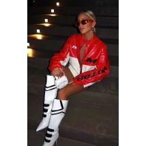 Bottes hautes pointues style motorcross contrastant blanches à talon haut, Blanc