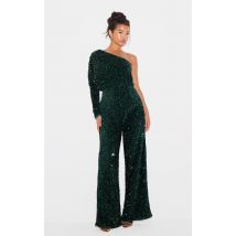 Combinaison jambes évasées  en sequins vert émeraude à épaule unique, Vert émeraude