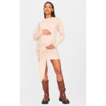 Maternité Mini robe de grossesse brossée gaufrée gris pierre à nouer devant, Gris Pierre