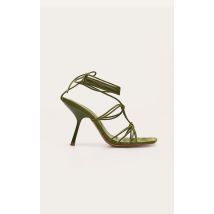 Sandales pointure large carrées en PU vert à talon et brides lacées nouées, Vert